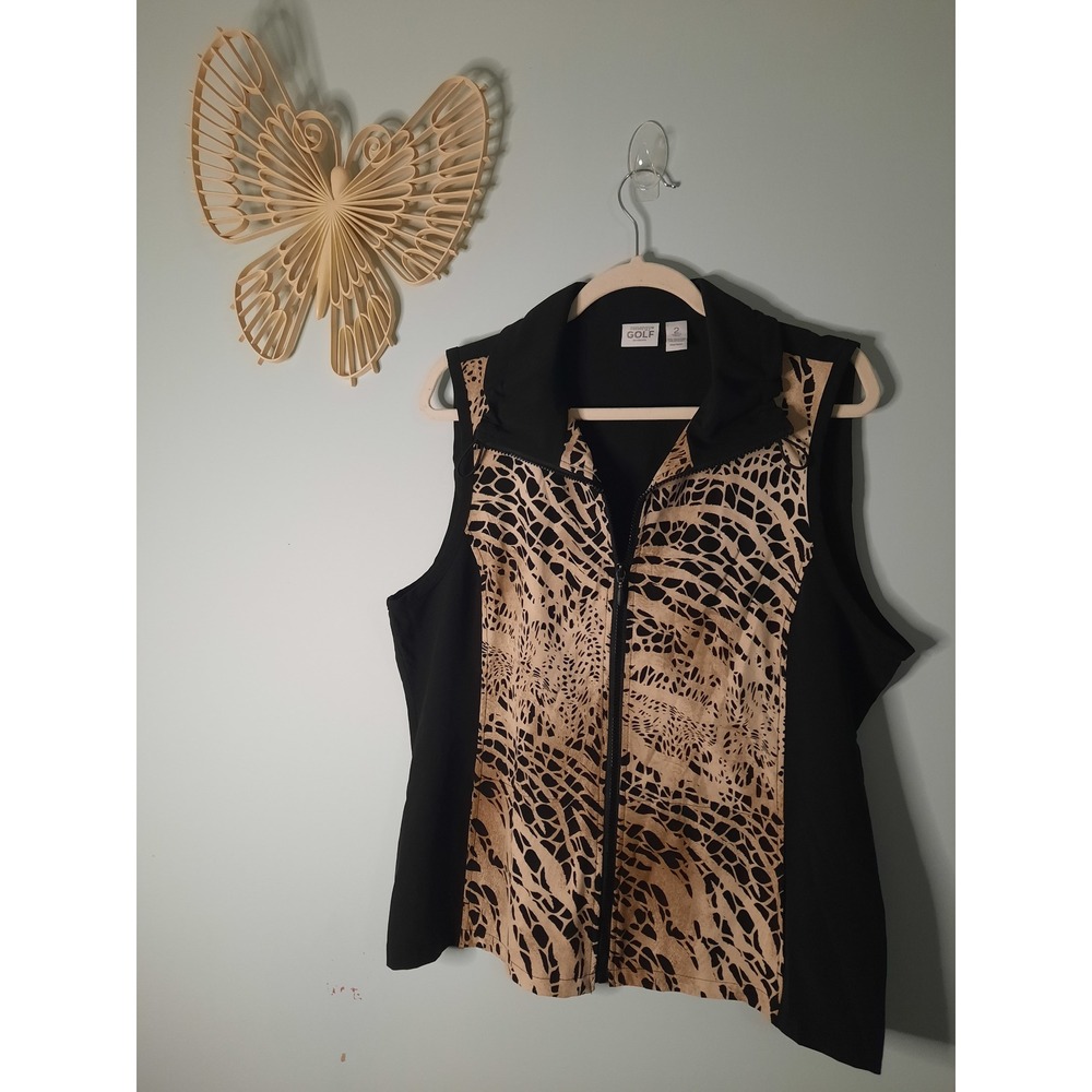 Zenergy Golf by Chicos Womens Full Zip Vest Black Tan Animal Print Size 2 Large